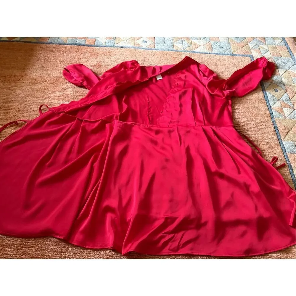 ChicSoul 2X Red Satin Scallop Faux Wrap Dress Long Sleeve Plus